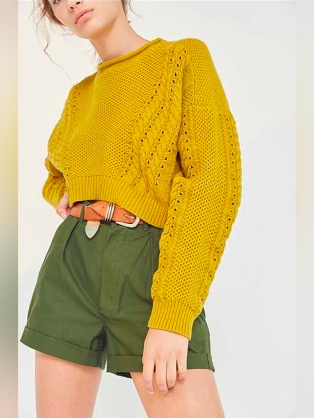 Urban Outfitters BDG Mustard Yellow Cropped Cable Knit Sweater Size S